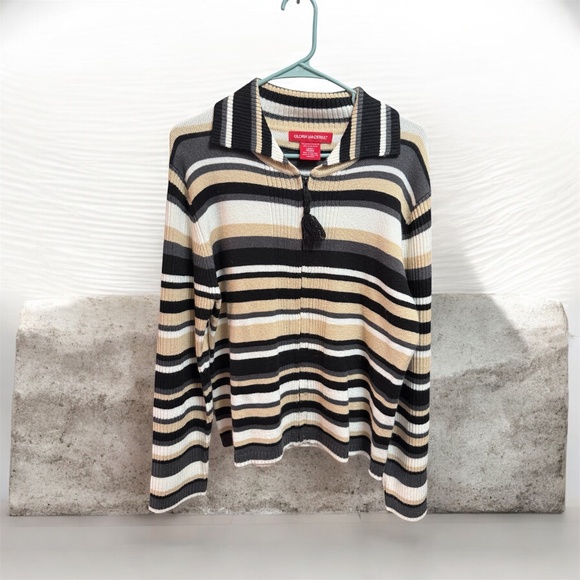 Vintage Gloria Vanderbilt Striped Full Zip Long Sleeved Sweater ~ Size Large - Picture 1 of 3